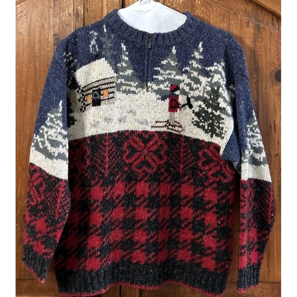 Mens Vtg Woolrich Apres Ski & Lodge Sweater 1/4 Zip Pullover Knit Christmas Med